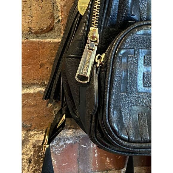 Steve Madden Mini Backpack Purse Black Embossed Leather Logo - Picture 3 of 13